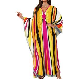 Women's Yellow Stripes V-Neck Batwing Sleeves Smocked Waist Maxi Kaftan Dress
